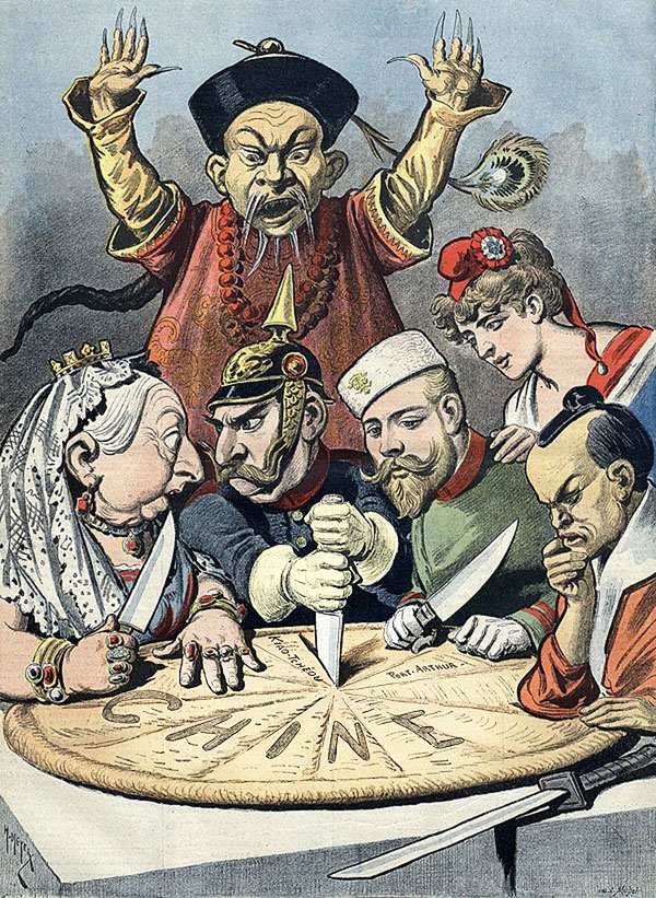 « En Chine, le gâteau des Rois et… des Empereurs » (Le Petit Journal, 16 janvier 1898). La Chine partagée entre les grandes puissances (Grande-Bretagne, Allemagne, Russie, France et Japon de l'ère Meiji). - On notera la représentation raciste du personnage qui représente la Chine impériale, contrairement, par exemple, à la représentation de la « Marianne » française…