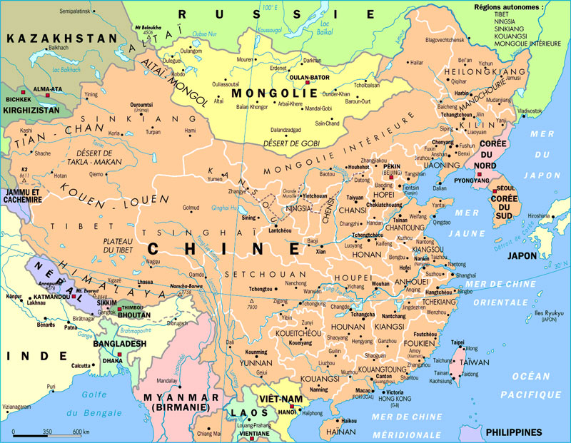 Sur cette carte (tirée du site chin.in) les frontières entre les différentes provinces et régions chinoises de la Chine actuelle sont opportunément marquées par un discret tracé blanc Sur cette carte (tirée du site chin.in) les frontières entre les différentes provinces et régions chinoises de la Chine actuelle sont opportunément marquées par un discret tracé blanc