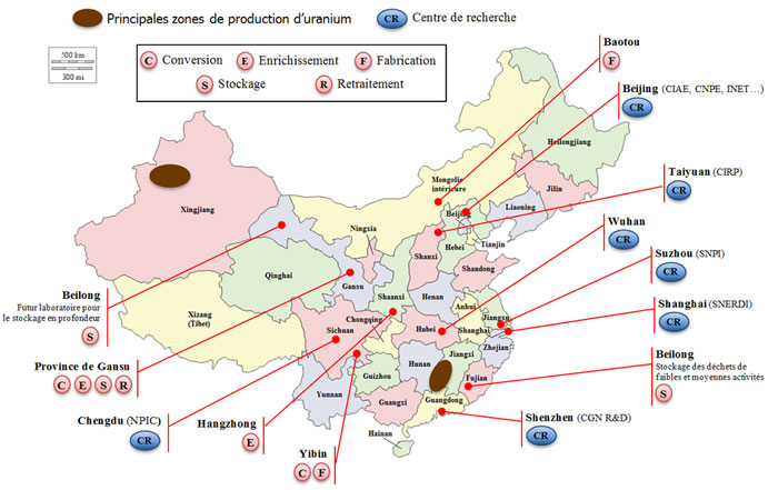 carte des centrales nucléaires chinoises en exploitation, en construction ainsi que les projets de centrales dont les démarches sont à un stade avancé, en août 2015 (ambassade de France à Pékin)