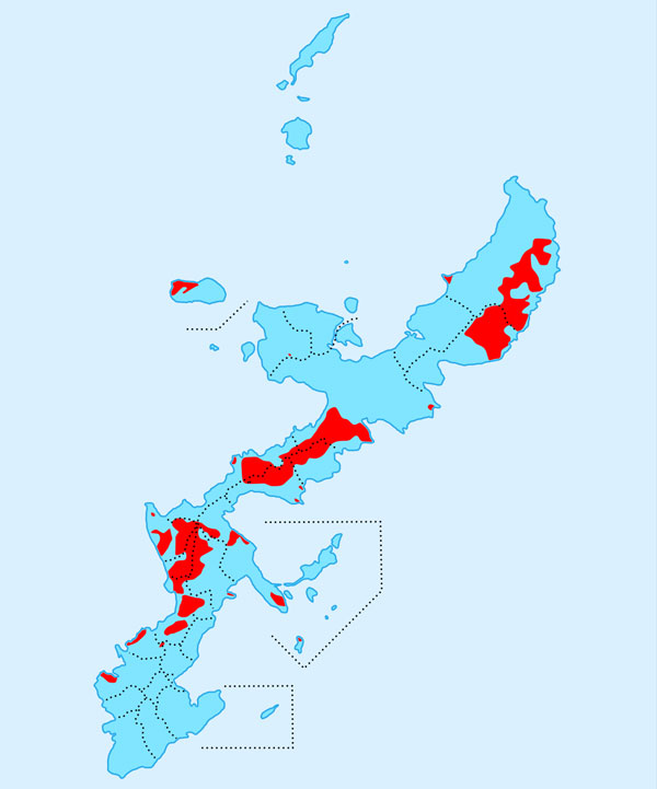 Okinawa. Bases militaires américaines en 2009 (en rouge). Okinawa. Bases militaires américaines en 2009 (en rouge).