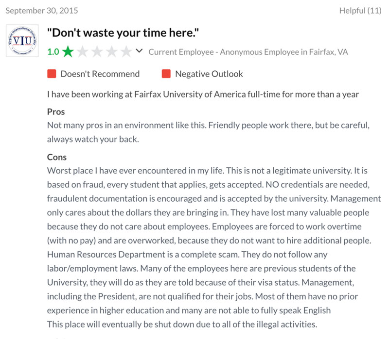 Une critique de la Fairfax University/VIU par un employé anonyme Une critique de la Fairfax University/VIU par un employé anonyme