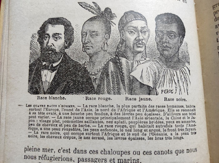 Les « quatre races d’hommes » telles qu’on les voyait en France dans les années 1930. On notera la représentation quelque peu caricaturale de la « race jaune » et de la « race rouge », ainsi que l’absence de femmes.