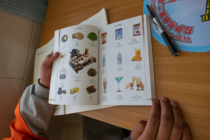Dictionnaire illustré trilingue mandarin-tibétain-anglais dans une école au Tibet (photo : A.E., 2019) Dictionnaire illustré trilingue mandarin-tibétain-anglais dans une école au Tibet (photo : A.E., 2019)