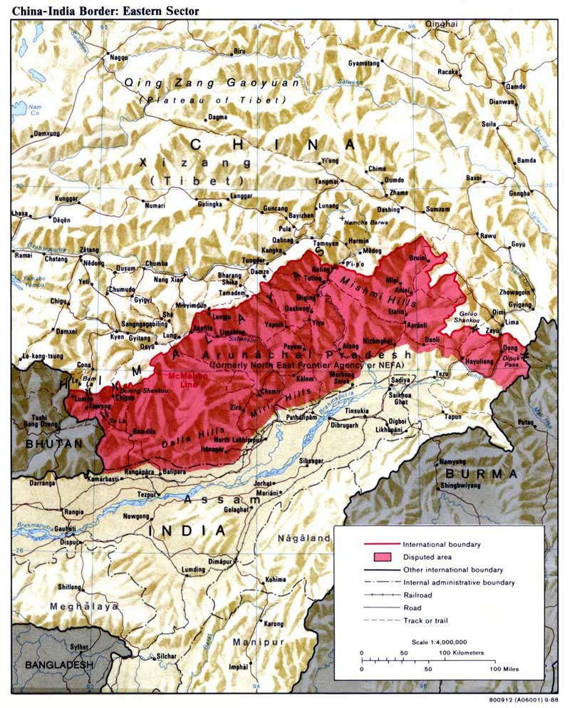 La région disputée du Tibet du Sud devenue l’Arunachal Pradesh indien (source : Wikimedia commons/CIA) 