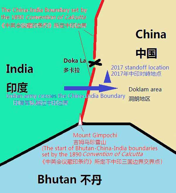 L’incident de Doklam en 2017 : les frontières du Bhoutan, de la Chine et de l’Inde, et l’endroit où l’armée indienne traversa la frontière sino-indienne. (Wikimedia Commons, Attribution-NoDerivs, auteur Sgsg) L’incident de Doklam en 2017 : les frontières du Bhoutan, de la Chine et de l’Inde, et l’endroit où l’armée indienne traversa la frontière sino-indienne. (Wikimedia Commons, Attribution-NoDerivs, auteur Sgsg)