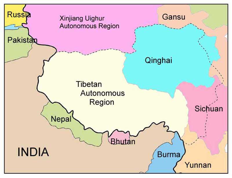 Carte correcte du Haut Plateau : les limites du « Grand Tibet » y sont représentées par de petits traits discontinus (tibetmap.com)