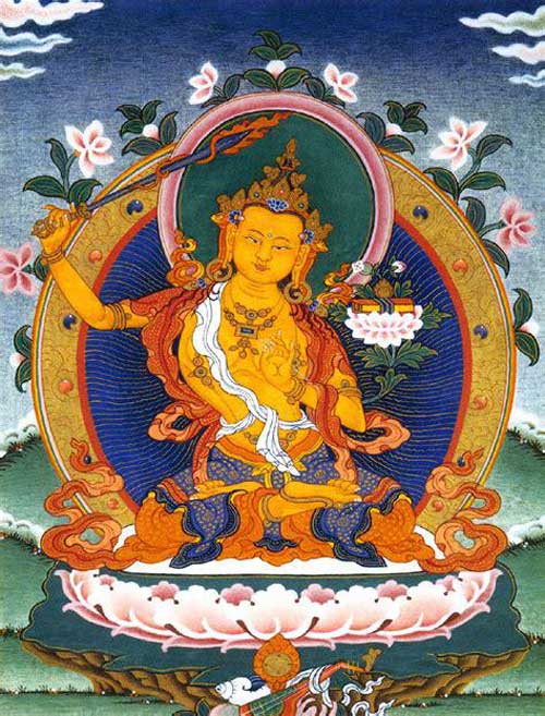 Manjushri (version hindou, on remarque la foudre dans sa main droite et le tantra à gauche)